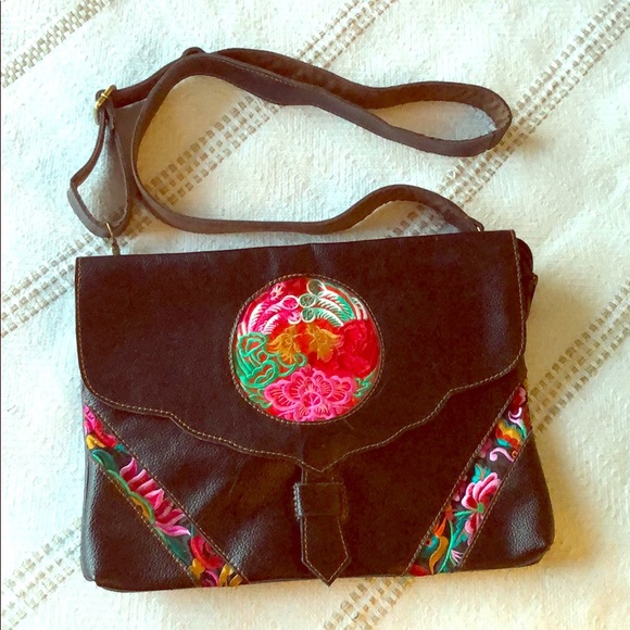 Black Leather and Embroidered Crossbody Bag - Picture 1 of 8